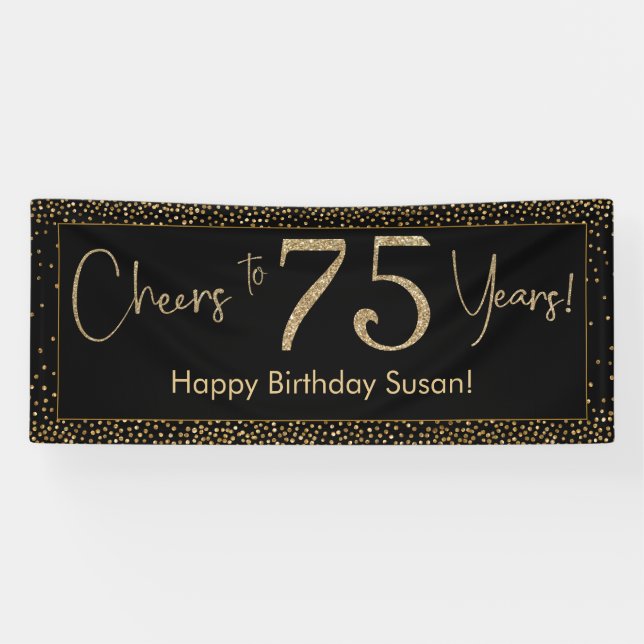 Banderoles Salutations à 75 Anniversaire Noir avec Gold Confe (Horizontal)