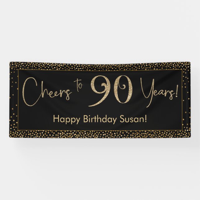 Banderoles Salutations à 90 Anniversaire Noir avec Gold Confe (Horizontal)