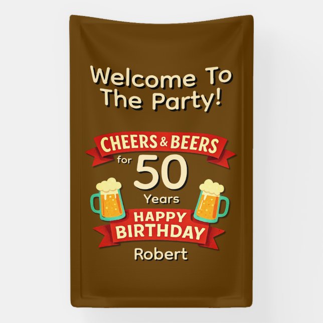 Banderoles Salutations et bières pour 50 ans heureux NOM d'an (Verticale)