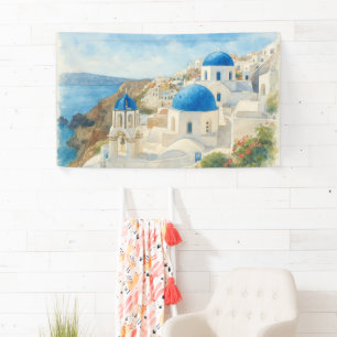 Banderoles Santorin Grèce Aquarelle Art de l'église à dôme bl