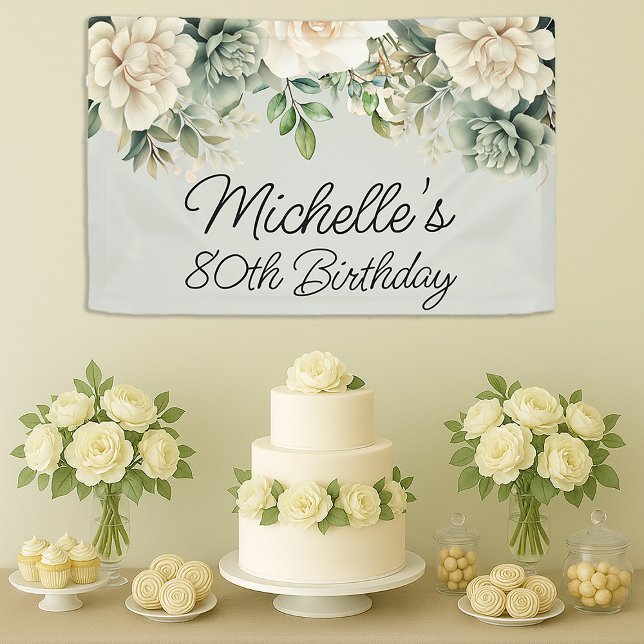 Banderoles Sauge blanche florale verte 80e anniversaire (Elegant sage green and cream watercolor floral birthday banner)