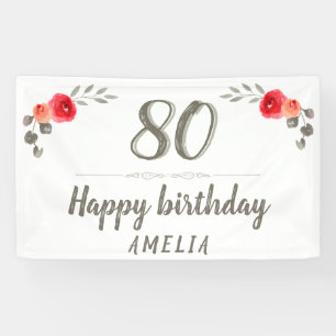 Banderoles Script d'anniversaire 80 ans Fête Fleur rose aquar