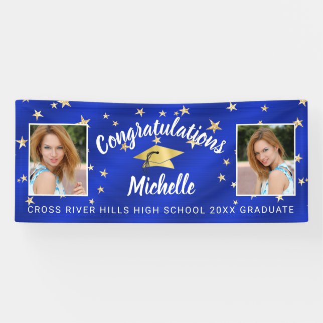 Banderoles Script de diplôme Photo Royal Blue Gold Stars (Horizontal)