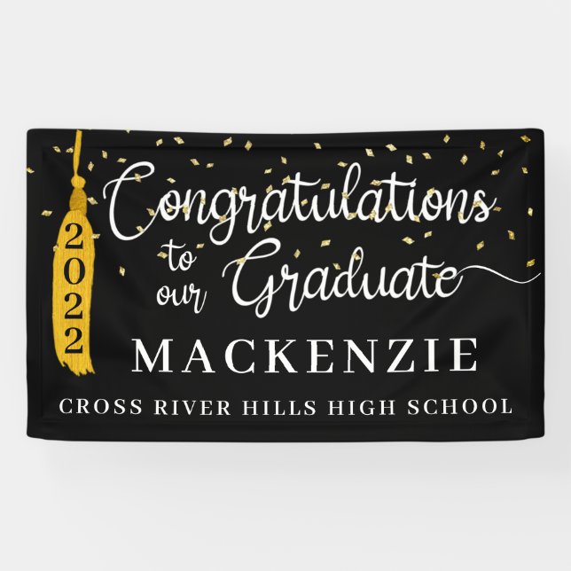 Banderoles Script Félicats Grand Noir Tassel d'or Confetti (Horizontal)