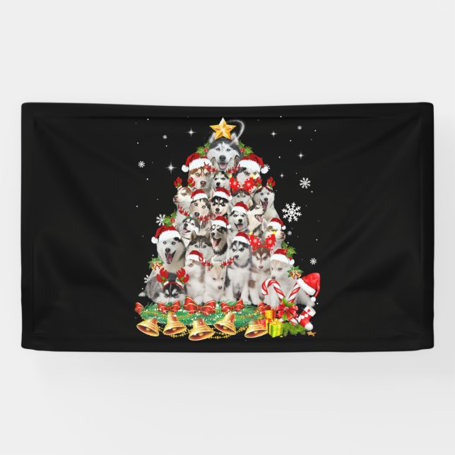Banderoles Sibérie Husky Christmas Tree Lumières Drôle Chien (Horizontal)
