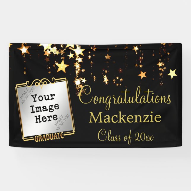 Banderoles Signe de graduation Gold Stars avec photo (Horizontal)