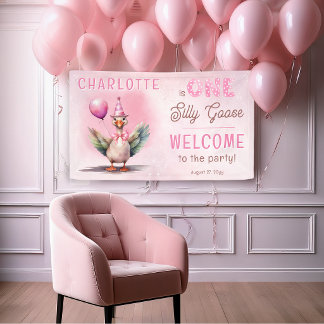 Banderoles Silly Goose First Birthday Pink Girl Party Banner