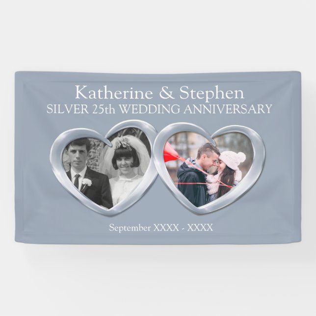 Banderoles Silver 25e anniversaire Mariage 2 coeurs photo (Horizontal)