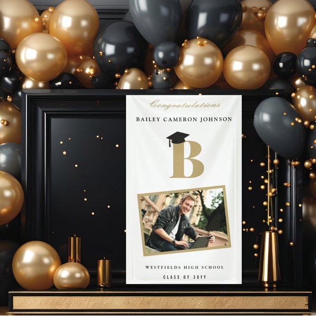Banderoles Simple Classique Monogramme Photo Graduation Party (Simple Gold Classic Monogram Modern Photo Graduation Party Banner @ www.zazzle.com/color_therapy)