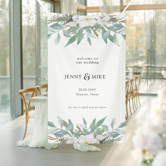 Banderoles Simple, élégant, eucalyptus, mariage (Simple, elegant, eucalyptus, welcome wedding banner with your name and date.)
