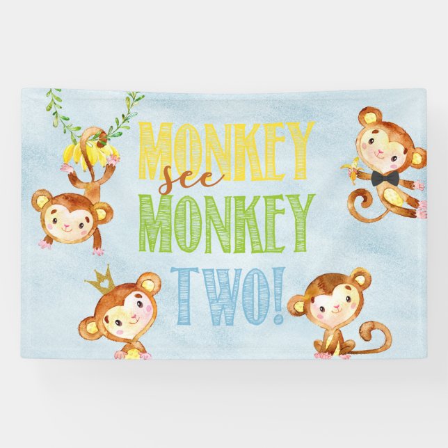Banderoles Singe voir singe deux garçons anniversaire bannièr (Horizontal)