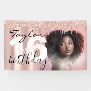 Banderoles Sleek Chic 16th Birthday Photo Script Rose Gold
