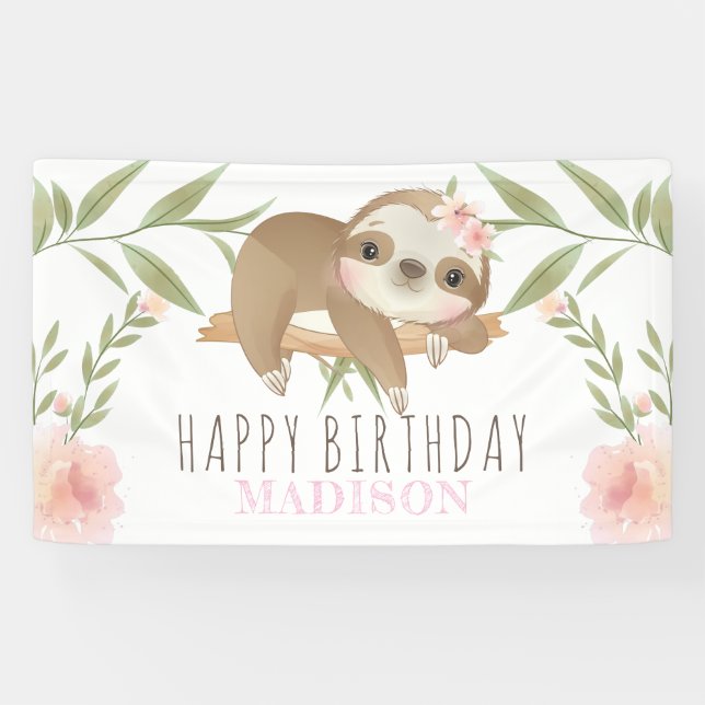 Banderoles Sloth Girl Joyeux anniversaire Personnalisé (Horizontal)