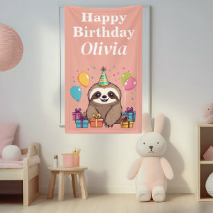 Banderoles Sloth Girl Joyeux Anniversaire rose Personnalisé