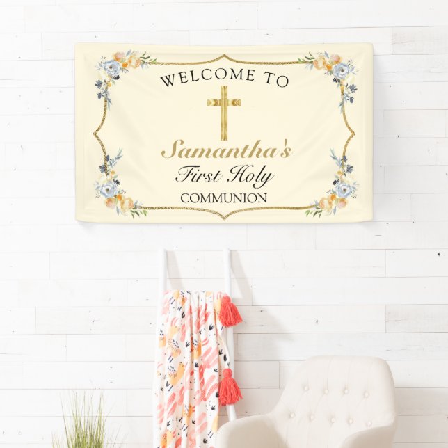 Banderoles Soft Yellow Gold Cross 1ère communion Bienvenue (En situation)