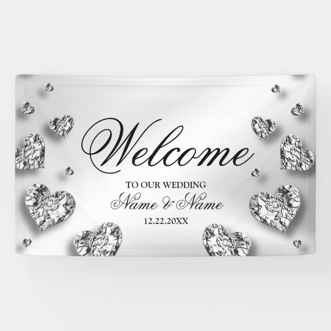 Banderoles Soirée de mariage Coeurs d'argent Grey Élégant (Horizontal)