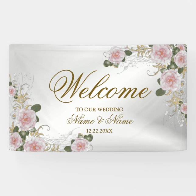 Banderoles Soirée de mariage rose Floral Argent élégant (Horizontal)