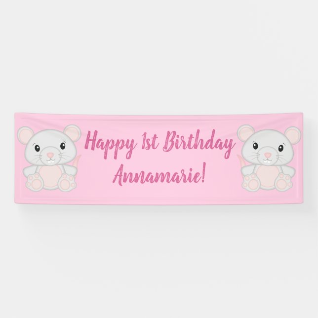 Banderoles Souris fête d'anniversaire rose (Horizontal)