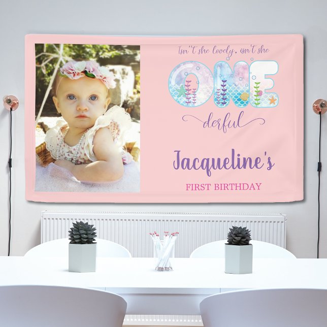 Banderoles Sous la mer Rose Girls 1er anniversaire (Under the sea girls pink 1st birthday party banner with photo.)