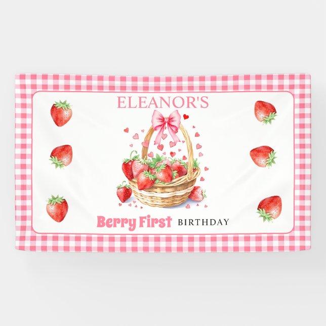 Banderoles Strawberries and pink bow Berry First Birthday (Horizontal)