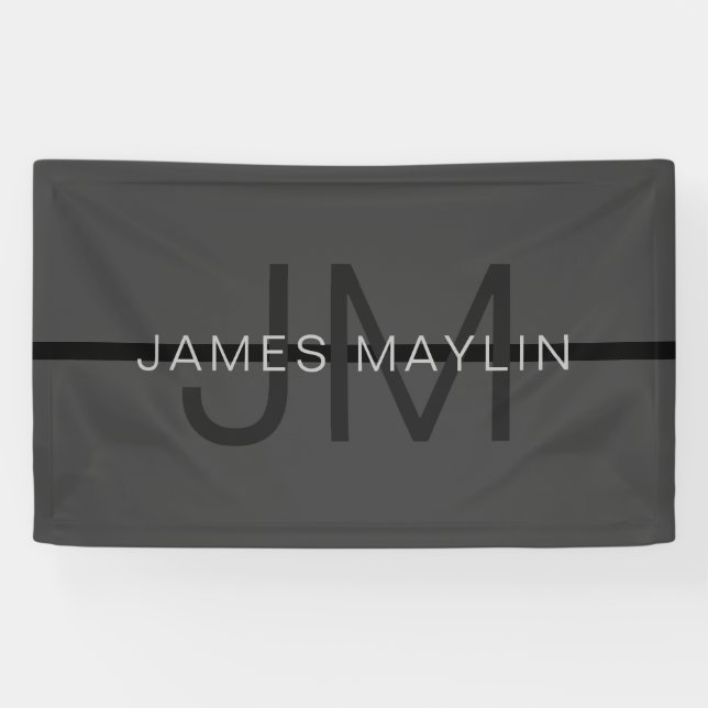 Banderoles Stylé Masculin Gris Foncé Nom & Monogramme  (Horizontal)