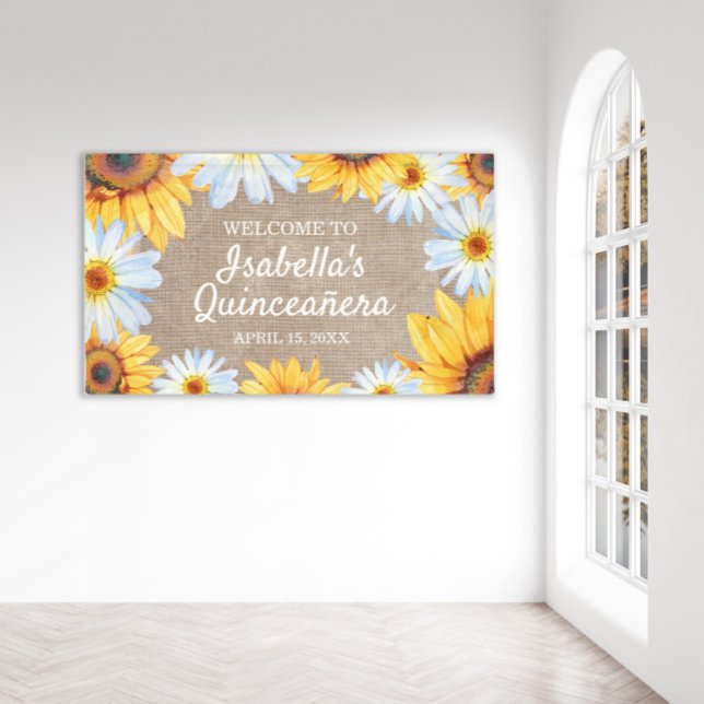 Banderoles Sunflowers White Daisy Burlap Quinceañera Bienvenu (Créateur téléchargé)