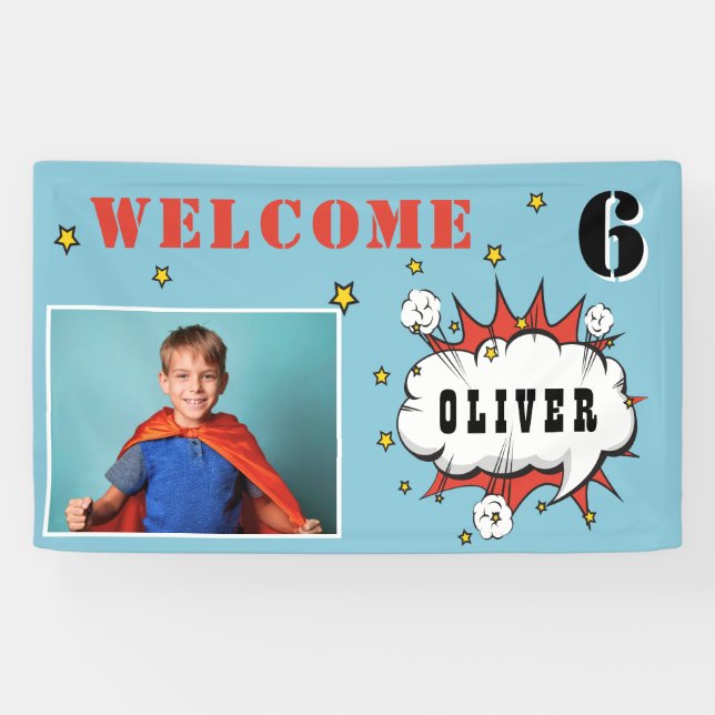 Banderoles Superhero Comic Speech Cloud Boy Photo Anniversair (Horizontal)
