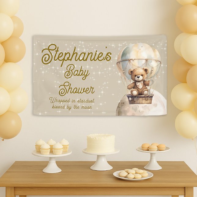 Banderoles Sur Lune Teddy Bear Baby shower neutre de genre (Over the moon teddy bear / hot air balloon gender neutral baby shower banner)