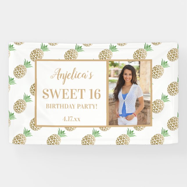 Banderoles Sweet 16 Anniversaire Or blanc Anniversaire photo (Horizontal)