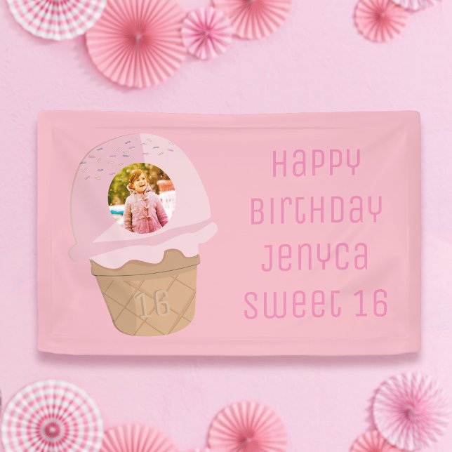 Banderoles Sweet 16 Anniversaire Photo Pink Ice Cream Party (Happy Birthday to your 16 year old. Doesn't time fly! Just add their photo, name and age to this)