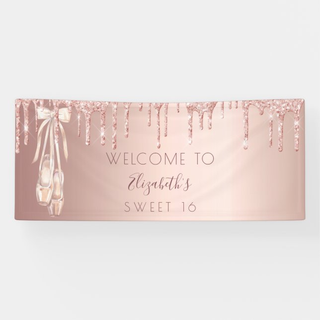 Banderoles Sweet 16 anniversaire rose ballerine or bienvenue (Horizontal)