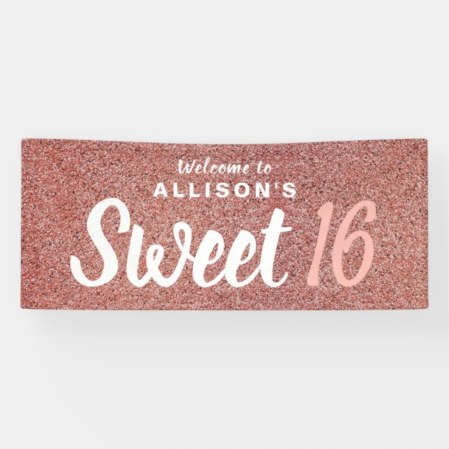 Banderoles Sweet 16 Anniversaire Rose Parties scintillant d'o (Horizontal)