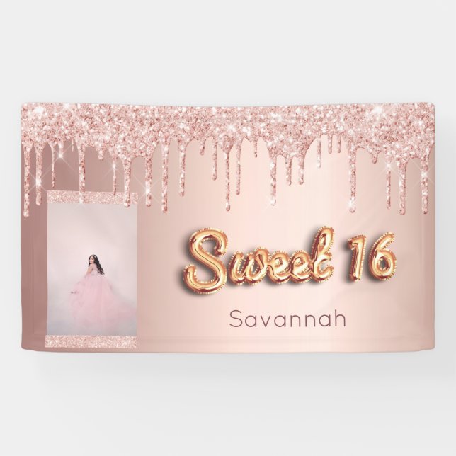 Banderoles Sweet 16 anniversaire sur mesure photo rose partie (Horizontal)