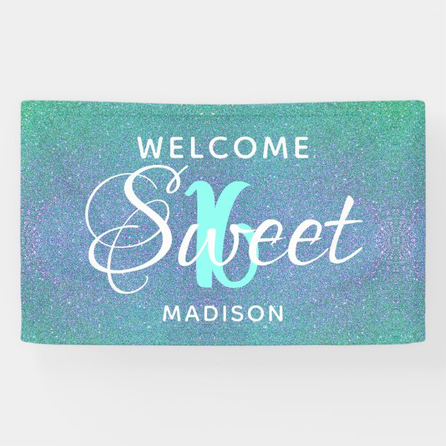 Banderoles Sweet 16 Anniversaire Turquoise Parties scintillan (Horizontal)
