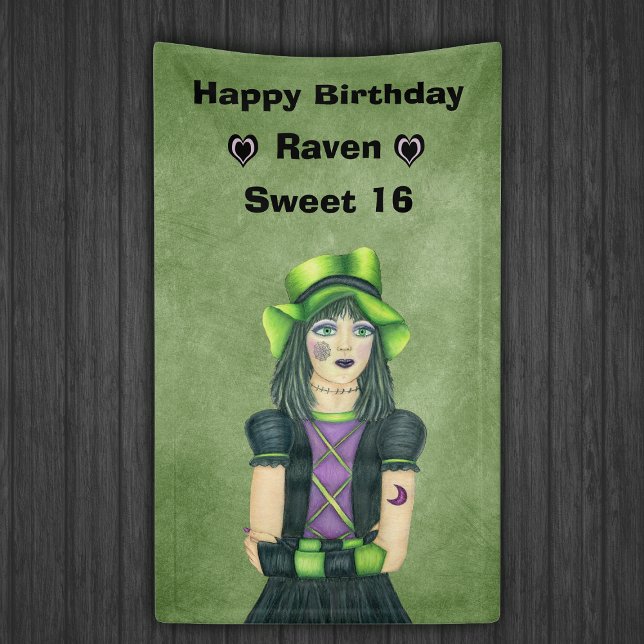 Banderoles Sweet 16 Birthday Goth Girl Tattoos on Green (Pretty Goth girl black dress green hat tattoos on green Sweet 16 Birthday backdrop.)