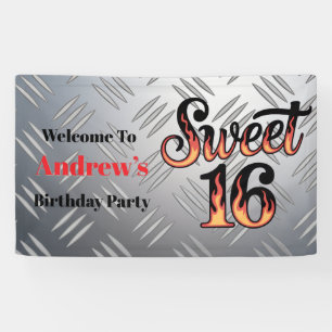 Banderoles Sweet 16 en flammes de feu et plaque argentée