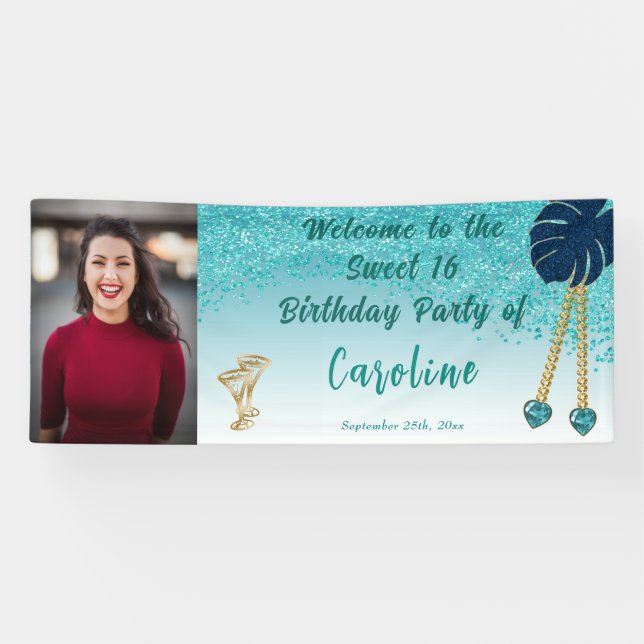 Banderoles Sweet 16 Parties scintillant bleue Turquoise, Gemm (Horizontal)