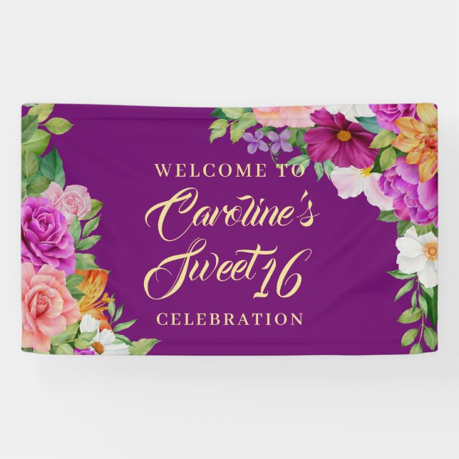 Banderoles Sweet 16 Purple Floral Aquarelle Bouquet Bienvenue (Horizontal)