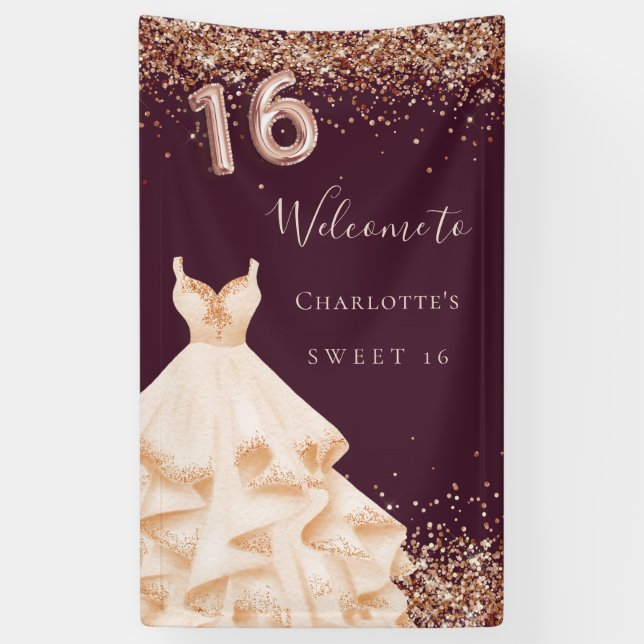 Banderoles Sweet 16 robe d'or rose bordeaux (Vertical)