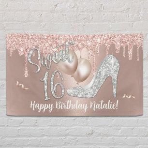 Banderoles Sweet 16 Rose moderne gouttes d'or 16e anniversair