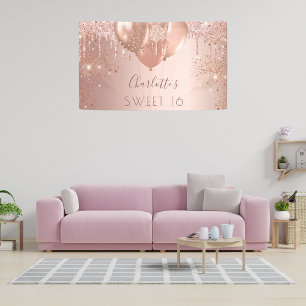 Banderoles Sweet 16 rose or parties scintillant monogramme an