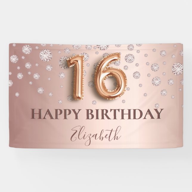Banderoles Sweet 16 rose or rose diamants script de ballon (Horizontal)