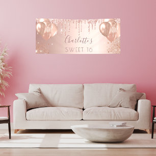 Banderoles Sweet 16 roses or rose gouttes ballons bienvenue