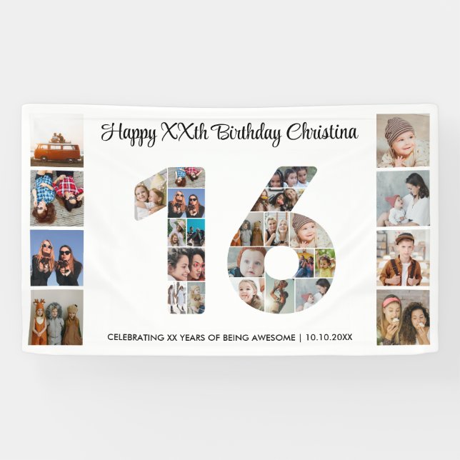 Banderoles Sweet 16th Birthday Party Numéro 16 Photo Collage (Horizontal)