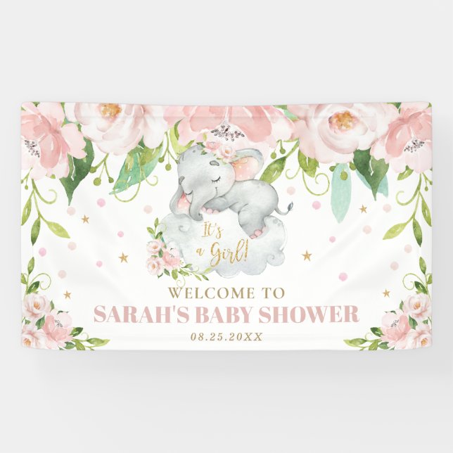Banderoles Sweet Baby Elephant rose Floral Arrière-plan Bienv (Horizontal)