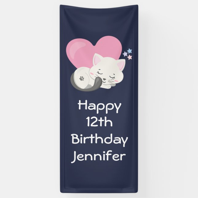 Banderoles Sweet Kitty Chat Dormir avec Coeur Rose Anniversai (Vertical)