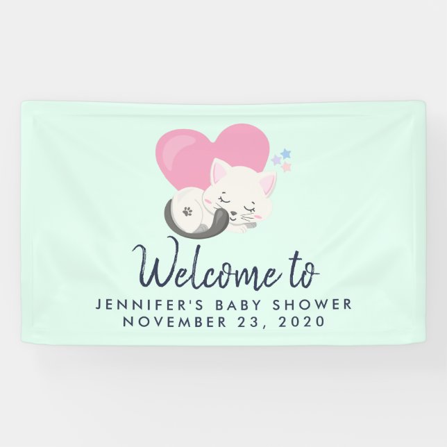 Banderoles Sweet Kitty Chat Dormir avec Douche Coeur Rose (Horizontal)
