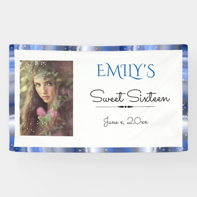 Banderoles Sweet sixteen, Bleu, Faux Satin, Personnalisé (Horizontal)