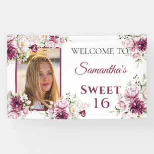 Banderoles Sweet sixteen Bourgogne & Fleurs roses