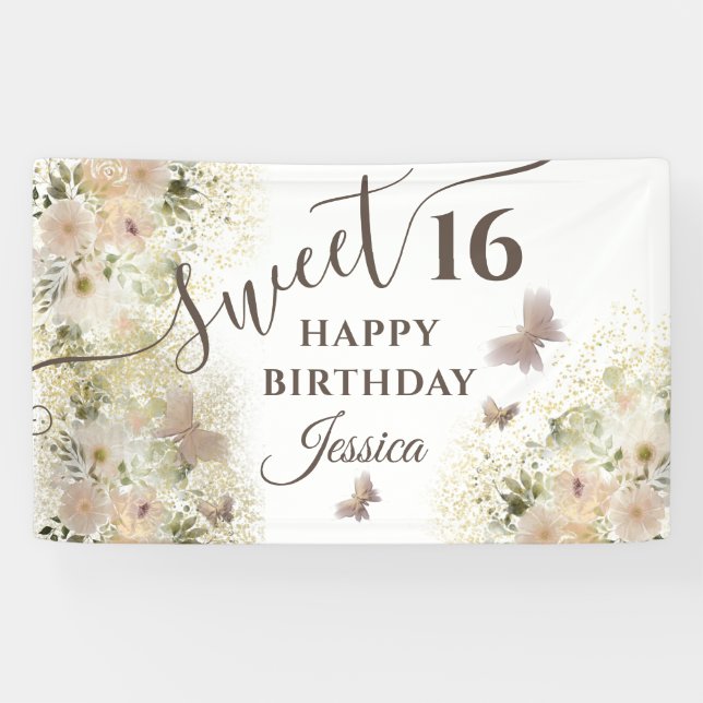 Banderoles Sweet sixteen de jardin fleuri aux papillons (Horizontal)